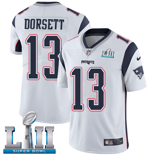 Nike Patriots #13 Phillip Dorsett White Super Bowl LII Men's Stitched NFL Vapor Untouchable Limited Jersey - Click Image to Close